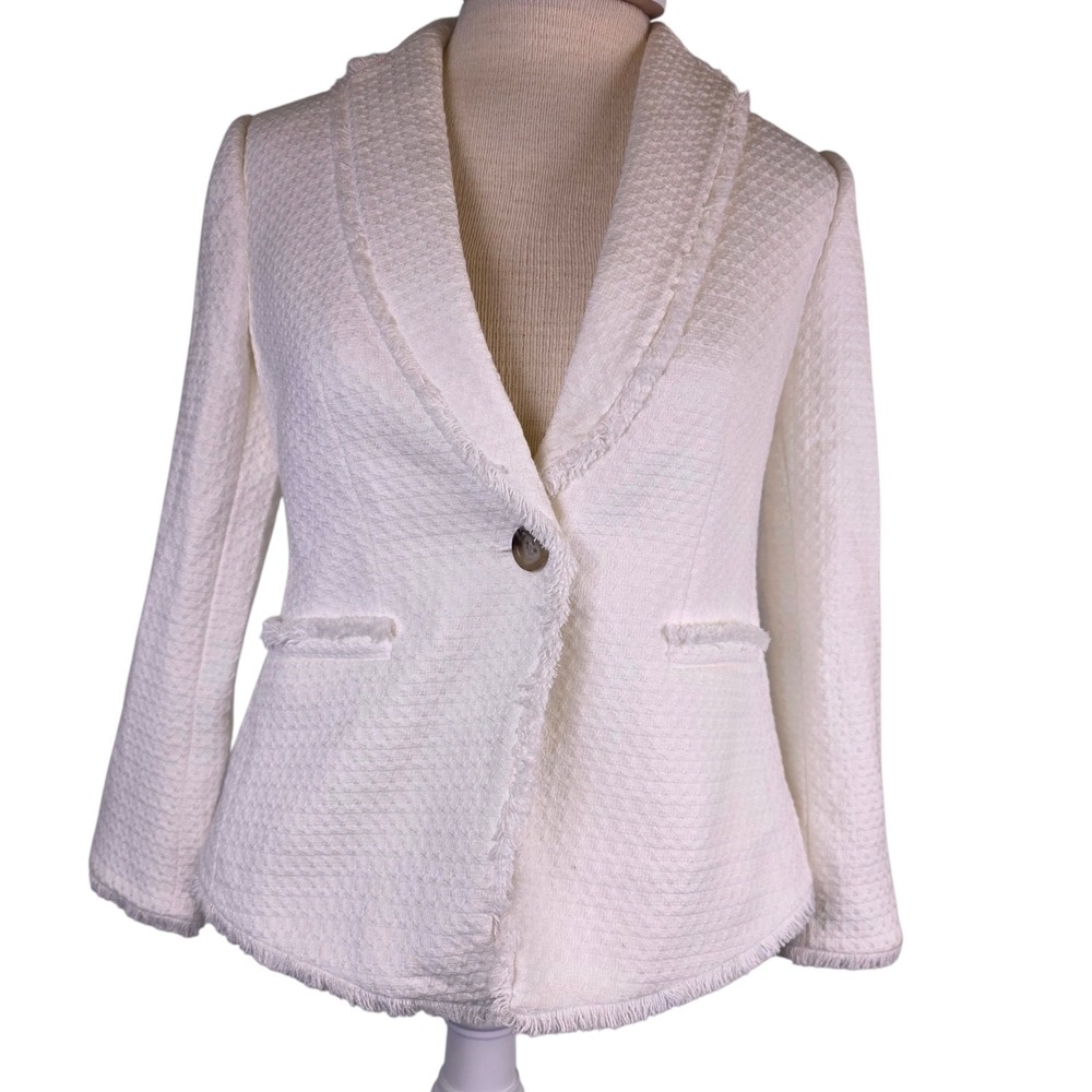 Ann Taylor Women's 2P Cream Textured NWT $169 Tweed Fringe Blazer Old Money